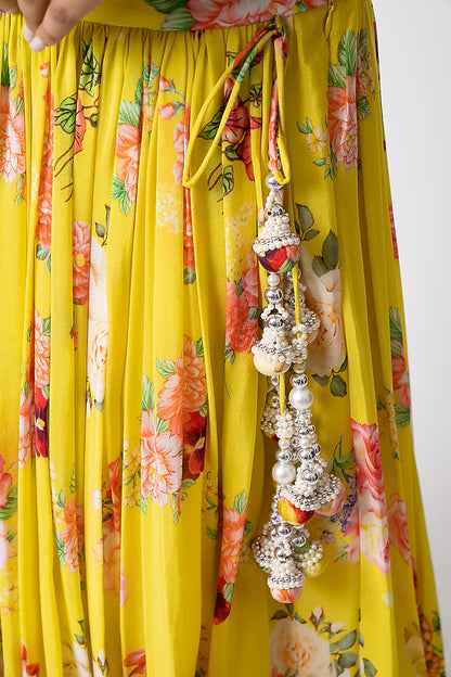 Yellow Crepe Floral Printed Lehenga Set