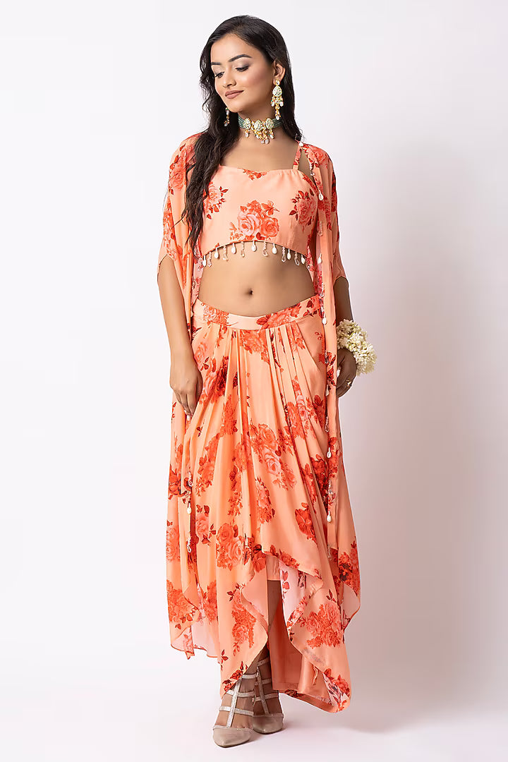 Peach Crepe Printed Draped Skirt Set