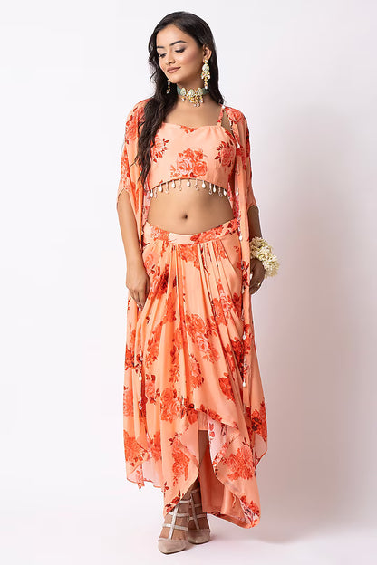 Peach Crepe Printed Draped Skirt Set