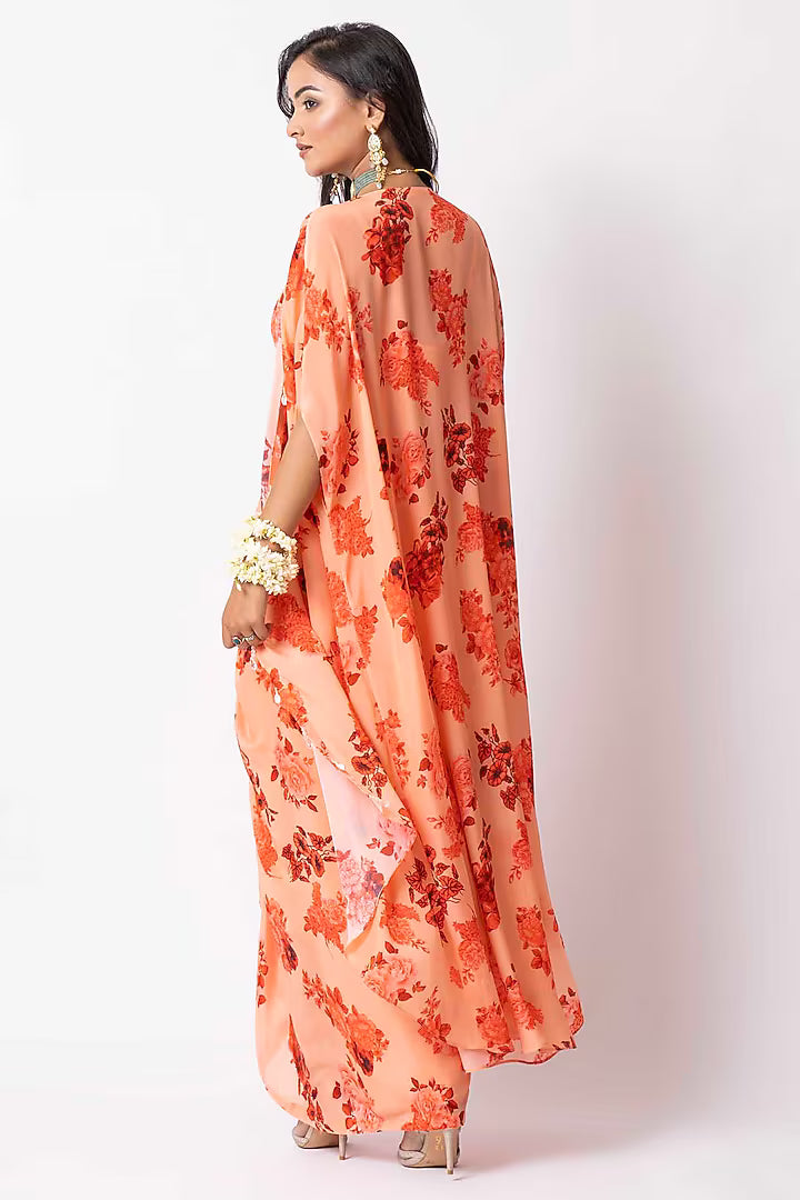 Peach Crepe Printed Draped Skirt Set