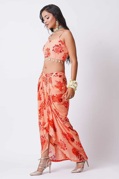 Peach Crepe Printed Draped Skirt Set