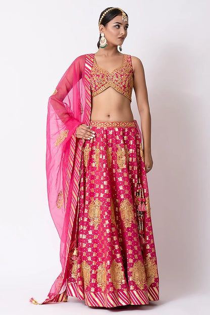 Magenta Pure Banarasi Khadi Gota & Nakshi Embroidered Lehenga Set