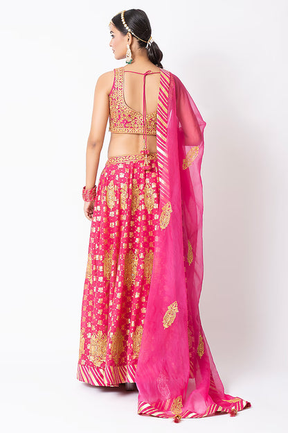 Magenta Pure Banarasi Khadi Gota & Nakshi Embroidered Lehenga Set