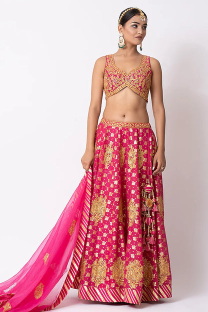 Magenta Pure Banarasi Khadi Gota & Nakshi Embroidered Lehenga Set