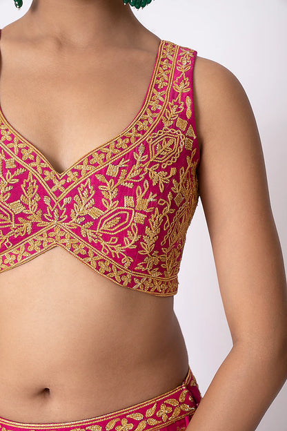 Magenta Pure Banarasi Khadi Gota & Nakshi Embroidered Lehenga Set