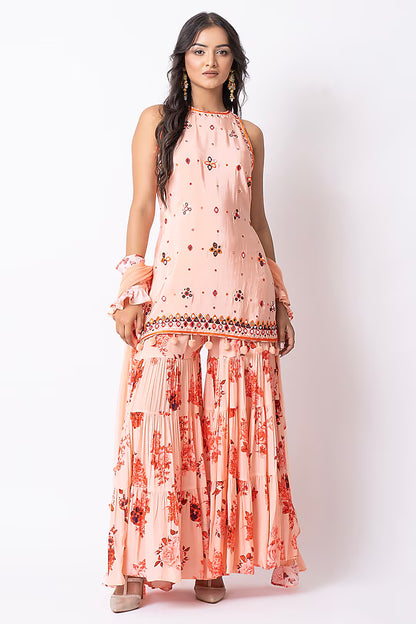 Peach Crepe Floral Printed Gharara Set