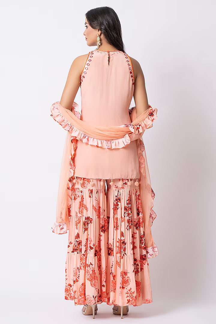 Peach Crepe Floral Printed Gharara Set