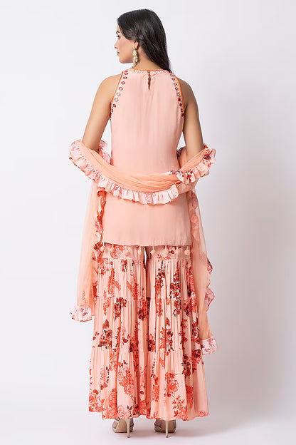 Peach Crepe Floral Printed Gharara Set