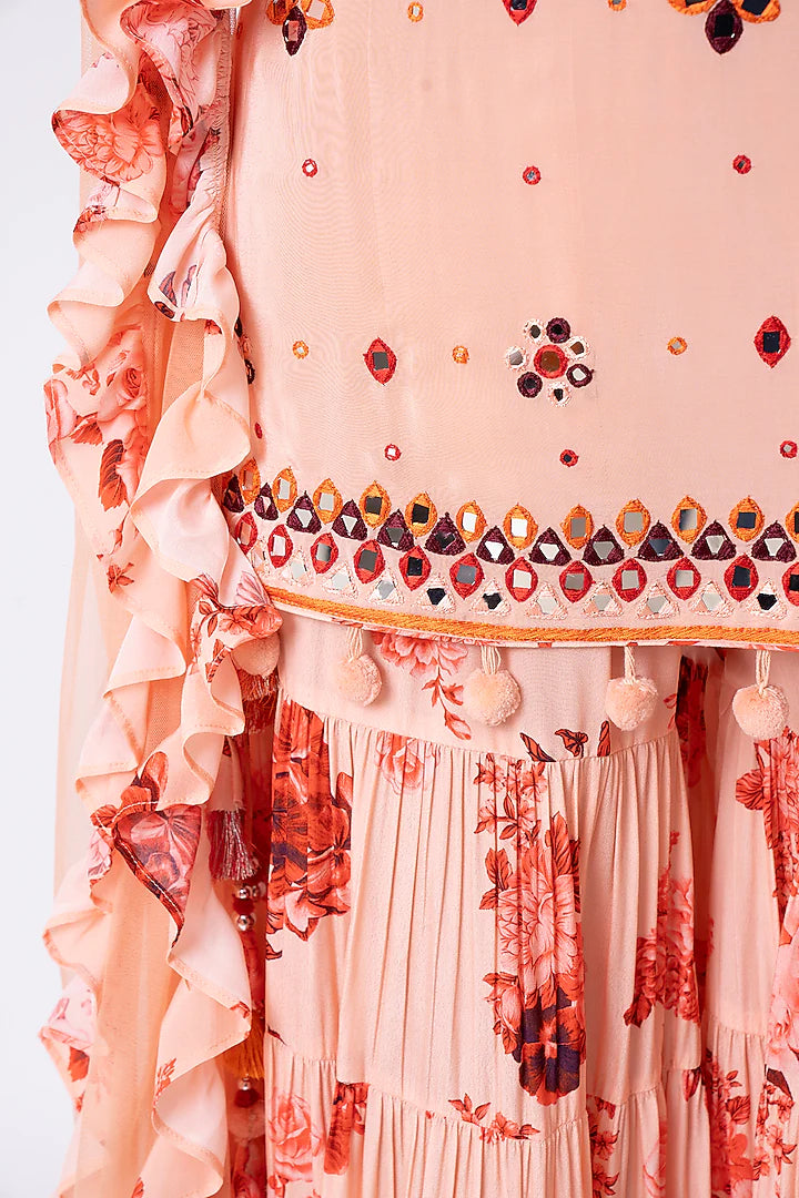 Peach Crepe Floral Printed Gharara Set