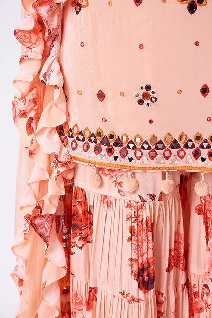 Peach Crepe Floral Printed Gharara Set