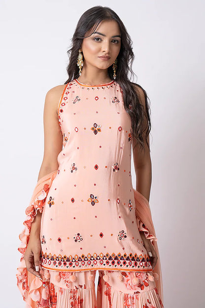 Peach Crepe Floral Printed Gharara Set