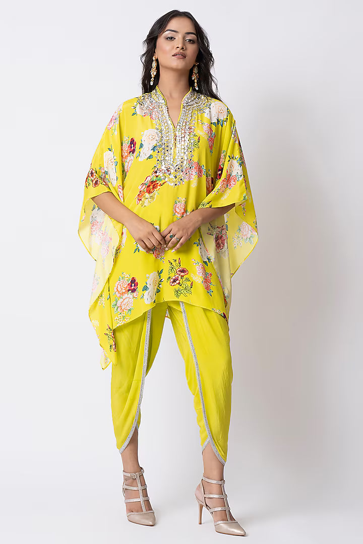 Yellow Crepe Dhoti Set