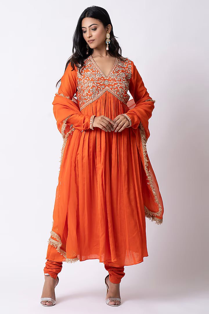 Orange Chanderi Zardosi Embellished Anarkali Set