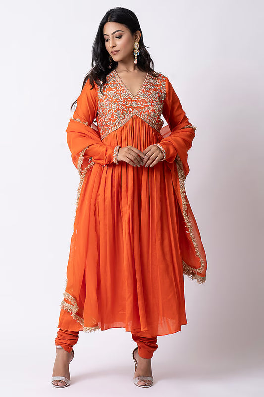 Orange Chanderi Zardosi Embellished Anarkali Set