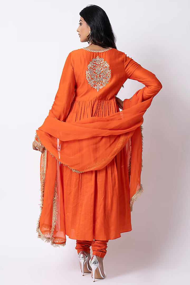 Orange Chanderi Zardosi Embellished Anarkali Set
