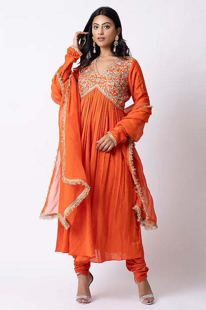 Orange Chanderi Zardosi Embellished Anarkali Set