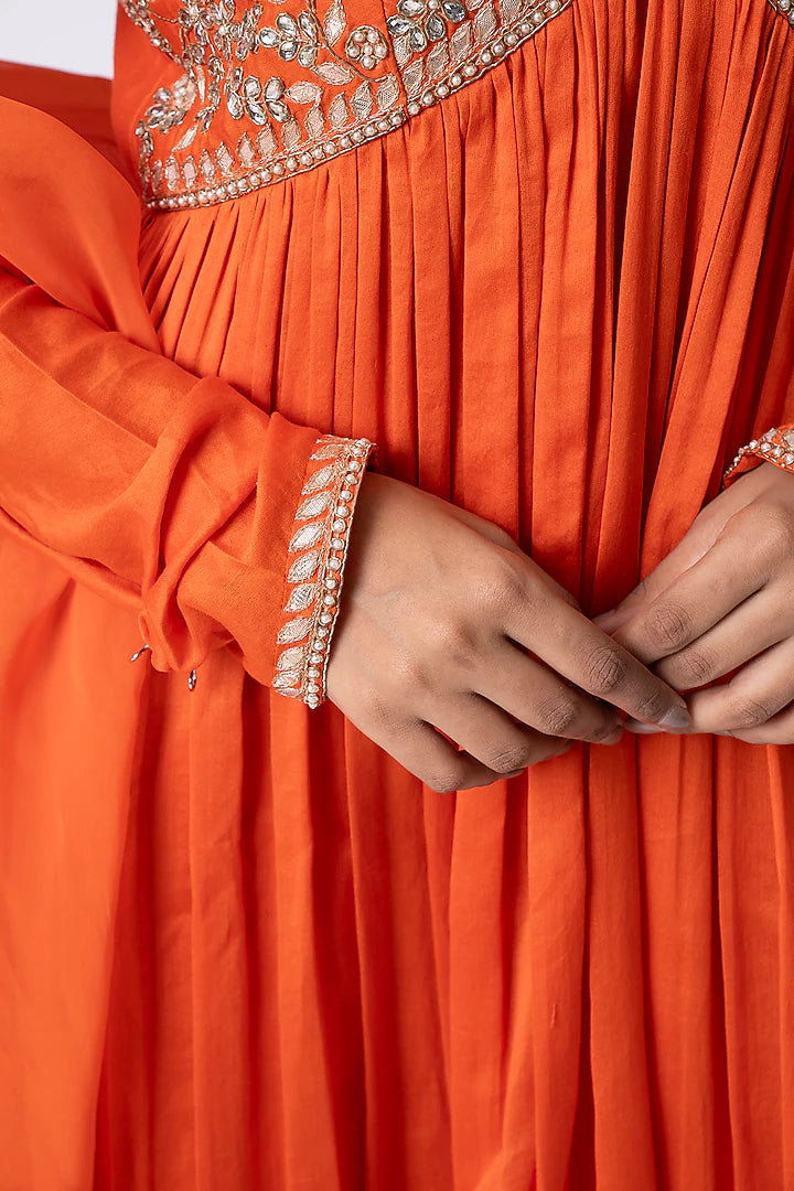 Orange Chanderi Zardosi Embellished Anarkali Set