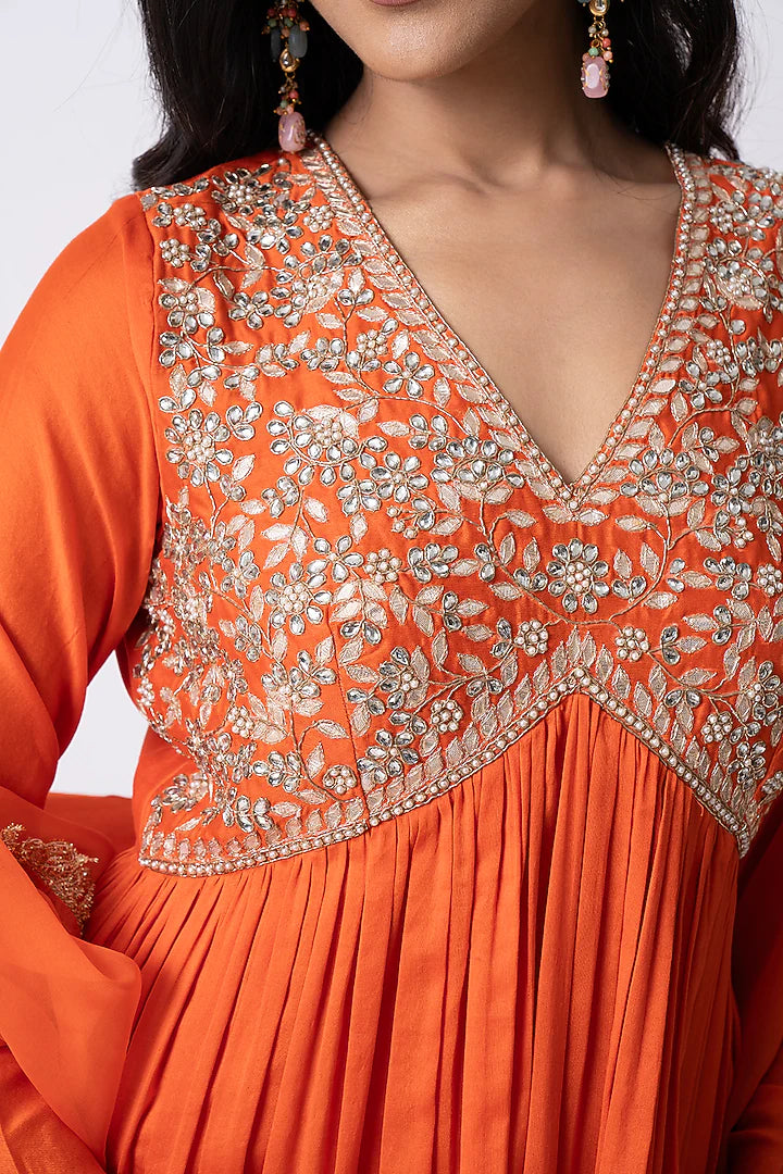 Orange Chanderi Zardosi Embellished Anarkali Set