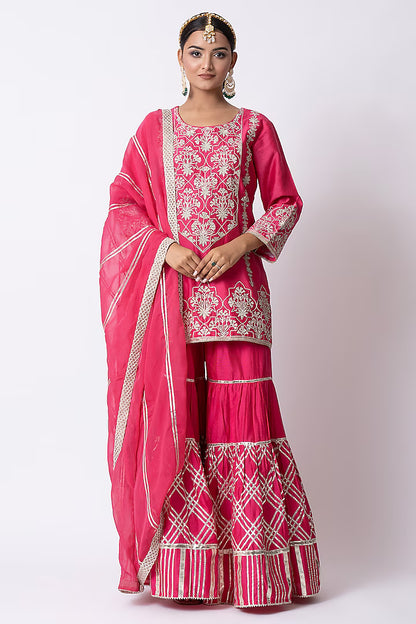 Hot Pink Banarasi Katan Nakshi Gota Embellished Gharara Set