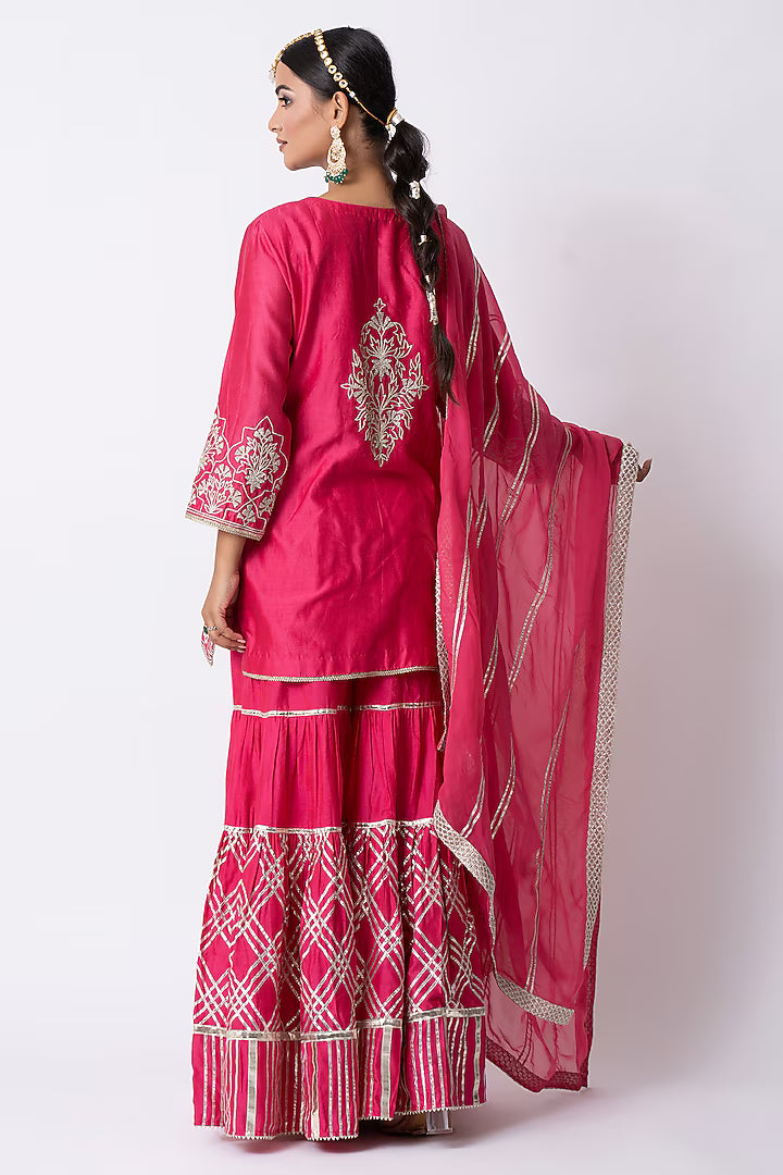 Hot Pink Banarasi Katan Nakshi Gota Embellished Gharara Set