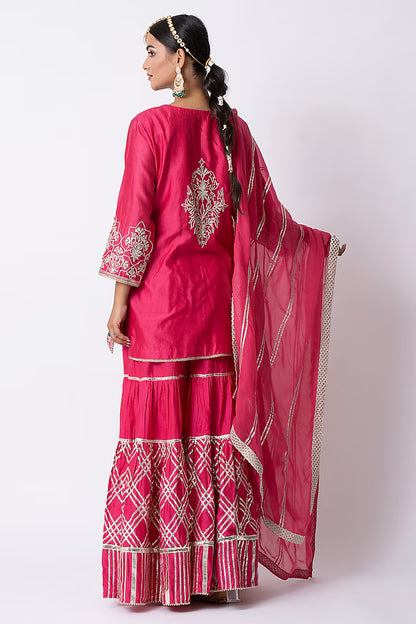 Hot Pink Banarasi Katan Nakshi Gota Embellished Gharara Set