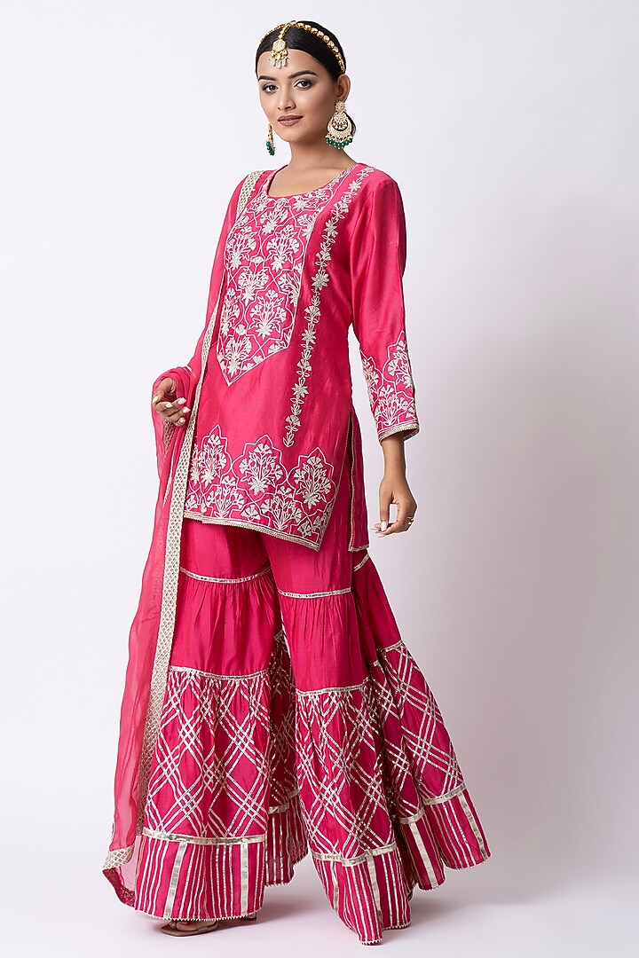 Hot Pink Banarasi Katan Nakshi Gota Embellished Gharara Set