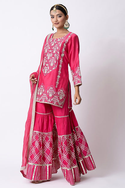 Hot Pink Banarasi Katan Nakshi Gota Embellished Gharara Set