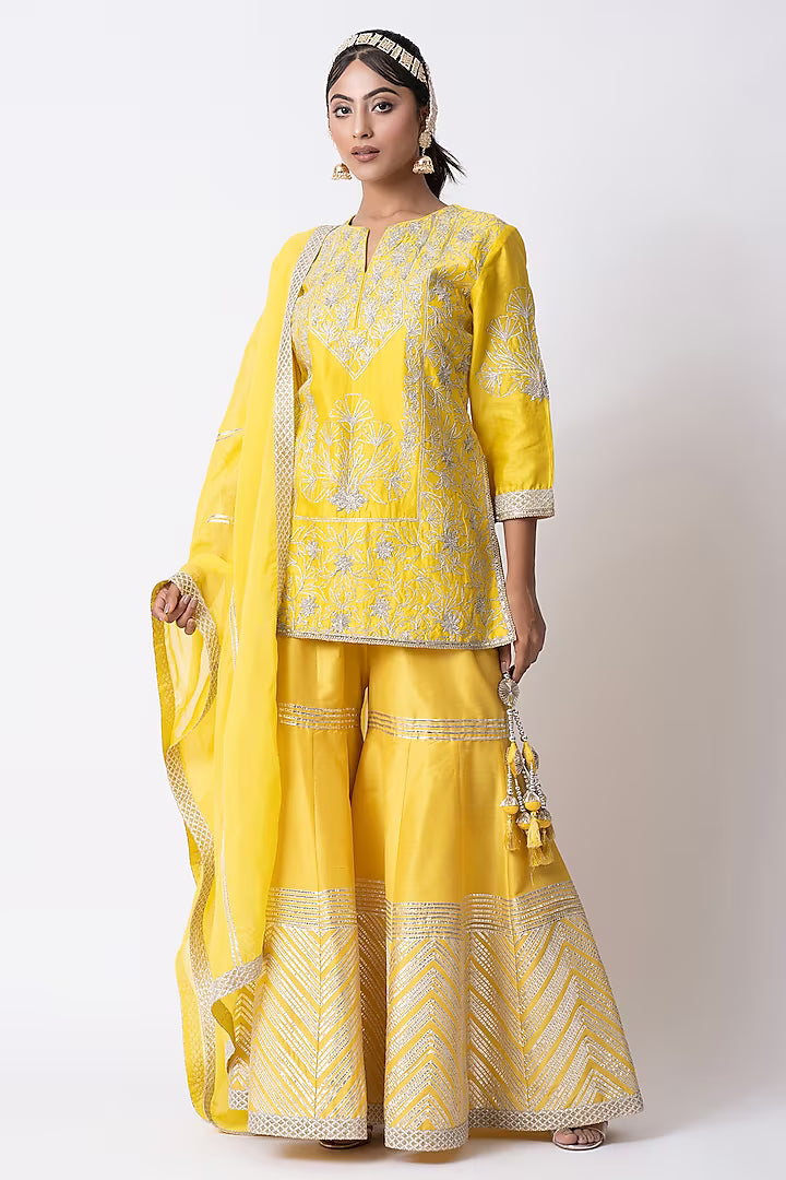 Yellow Banarasi Katan Nakshi Gota Embellished Gharara Set