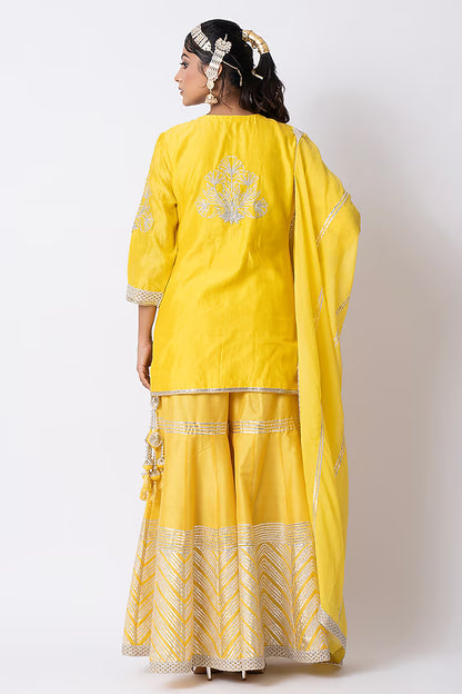 Yellow Banarasi Katan Nakshi Gota Embellished Gharara Set