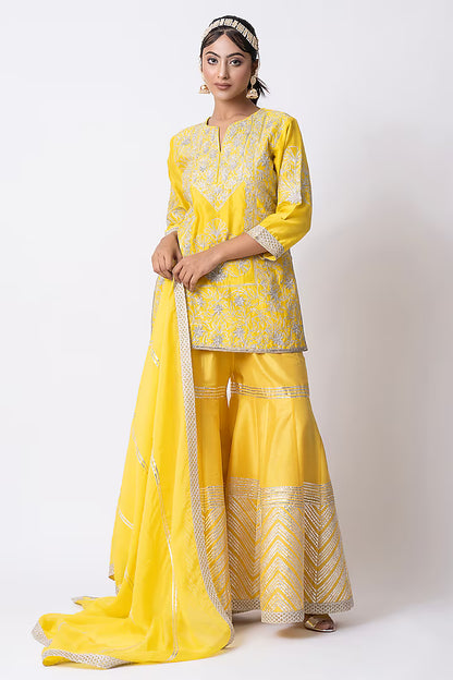 Yellow Banarasi Katan Nakshi Gota Embellished Gharara Set