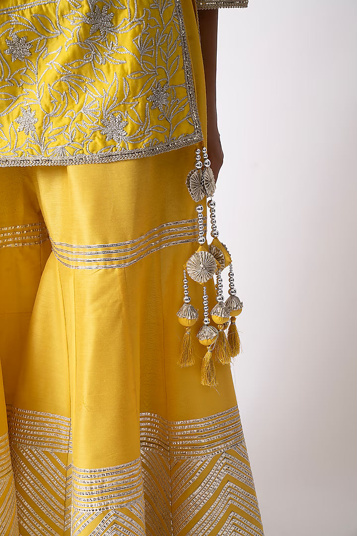 Yellow Banarasi Katan Nakshi Gota Embellished Gharara Set