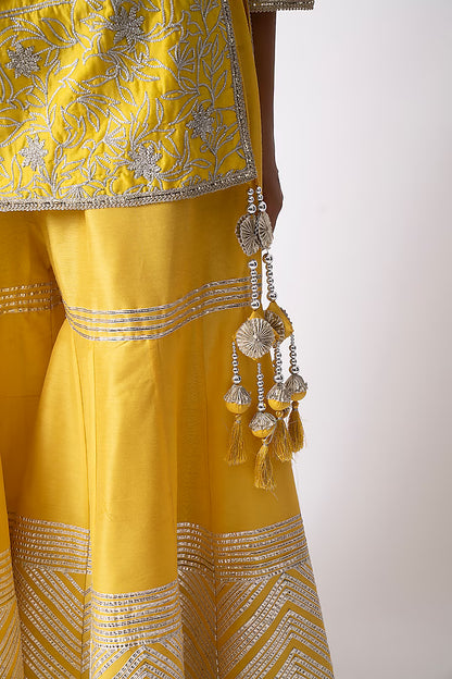 Yellow Banarasi Katan Nakshi Gota Embellished Gharara Set