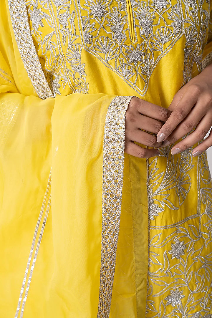 Yellow Banarasi Katan Nakshi Gota Embellished Gharara Set