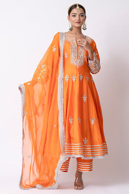 Orange Chanderi & Banarasi Katan Nakshi Gota Embellished Anarkali Set