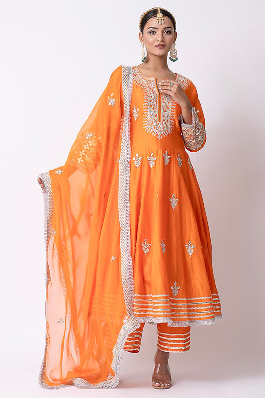 Orange Chanderi & Banarasi Katan Nakshi Gota Embellished Anarkali Set