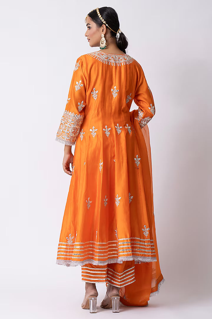 Orange Chanderi & Banarasi Katan Nakshi Gota Embellished Anarkali Set
