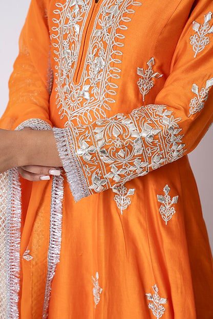 Orange Chanderi & Banarasi Katan Nakshi Gota Embellished Anarkali Set