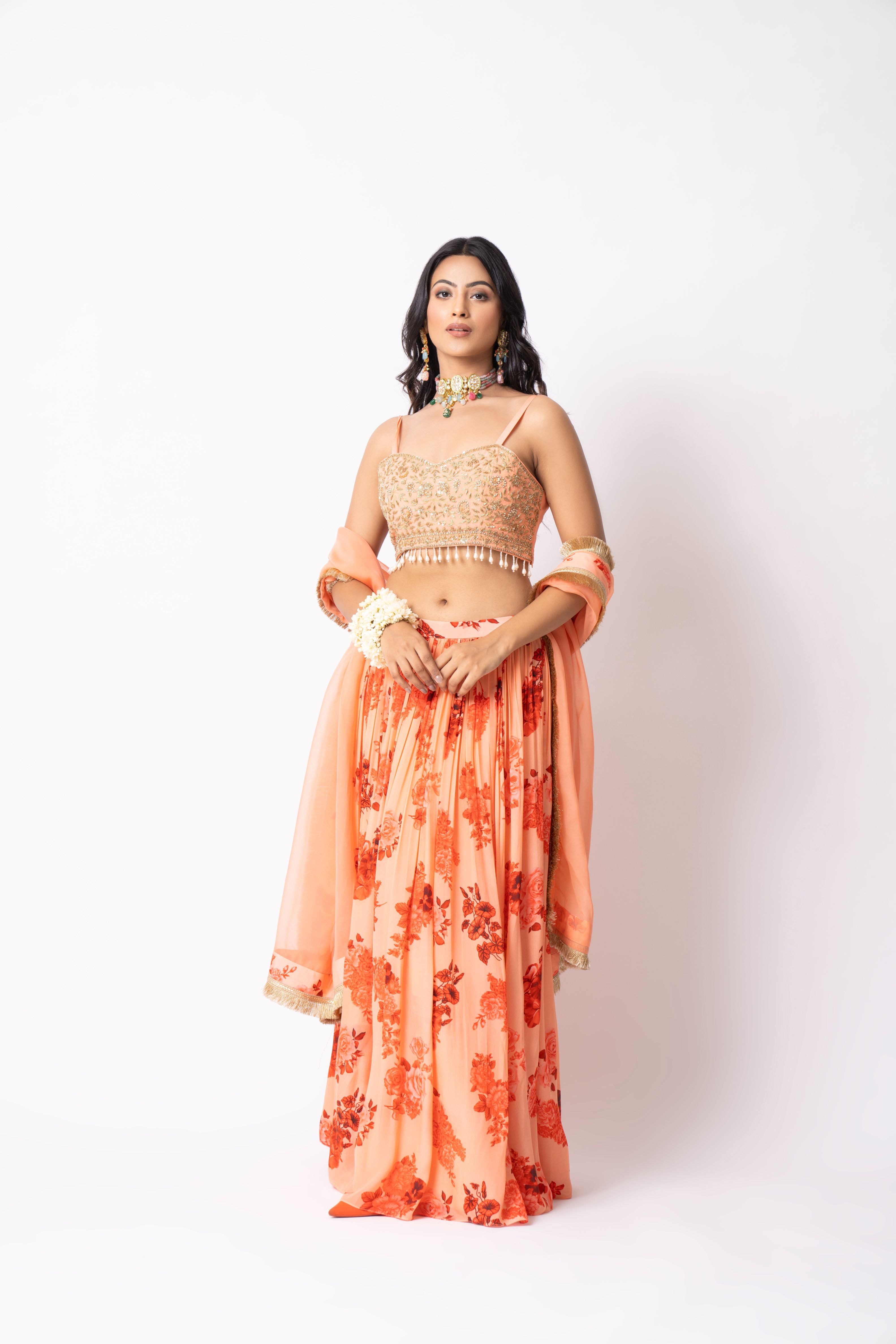Buy Stylish Coral Red Embroidery Silk Party Wear Lehenga Choli Online
