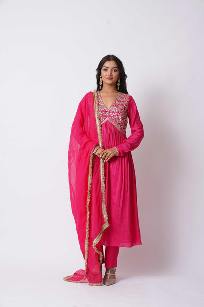 Rose Pink Embellished Anarkali Kurta With Churidar And Dupatta (Set of 3)