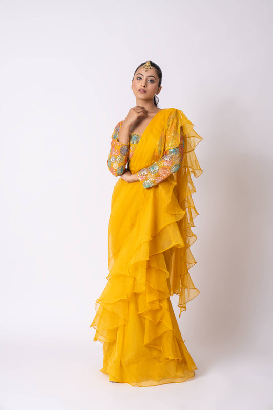 Yellow Draped Sareer Set