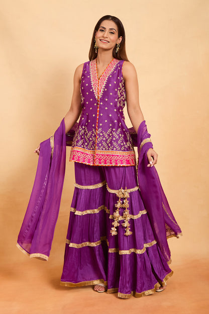 Vibrant Purple Sleeveless Peplum Kurti & Tiered Gharara Set