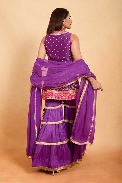 Vibrant Purple Sleeveless Peplum Kurti & Tiered Gharara Set