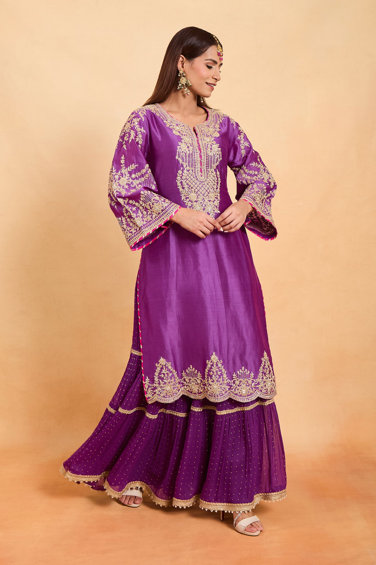 Regal Purple Silk Kurta Set with Gold Embroidery & Gharara Set