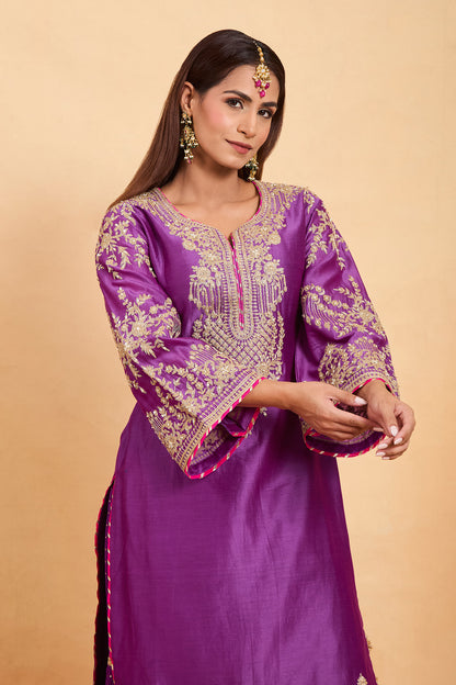 Regal Purple Silk Kurta Set with Gold Embroidery & Gharara Set