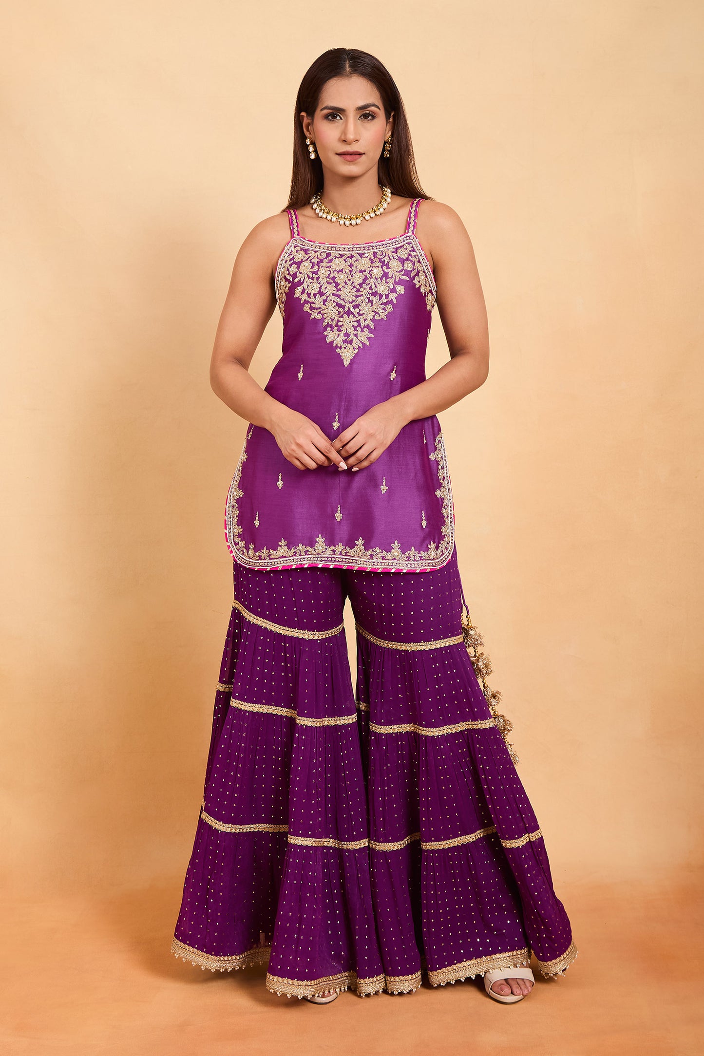 Vibrant Purple Sleeveless Kurti & Tiered Gharara Set with Fuchsia Contrast