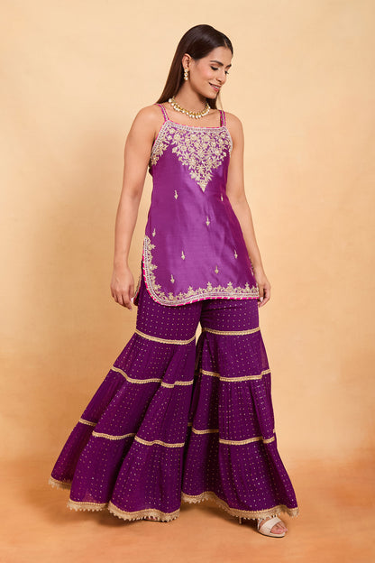 Vibrant Purple Sleeveless Kurti & Tiered Gharara Set with Fuchsia Contrast