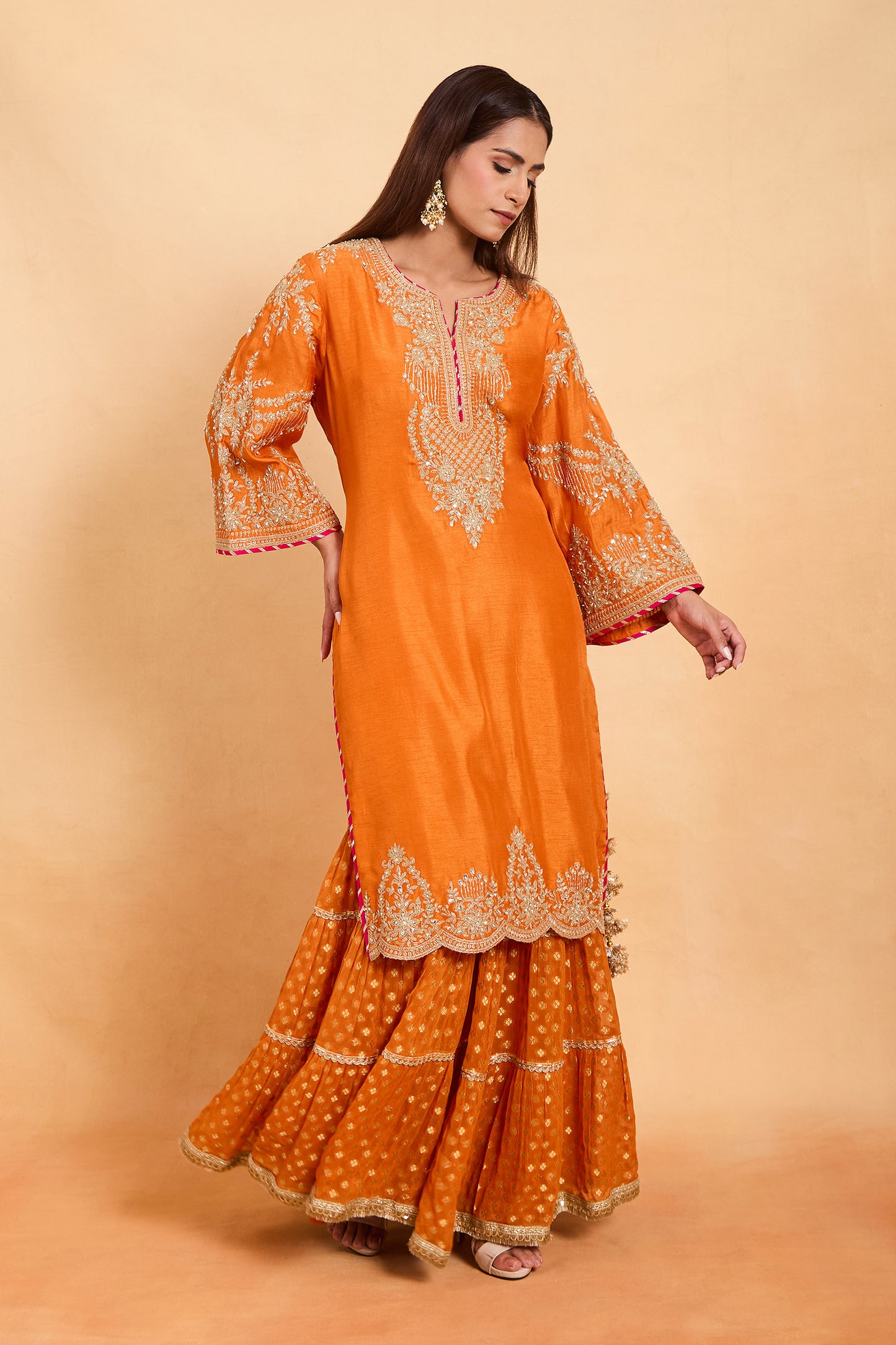 Regal Orange Silk Kurta Set with Gold Embroidery & Gharara Set