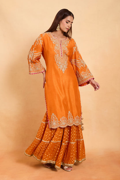 Regal Orange Silk Kurta Set with Gold Embroidery & Gharara Set