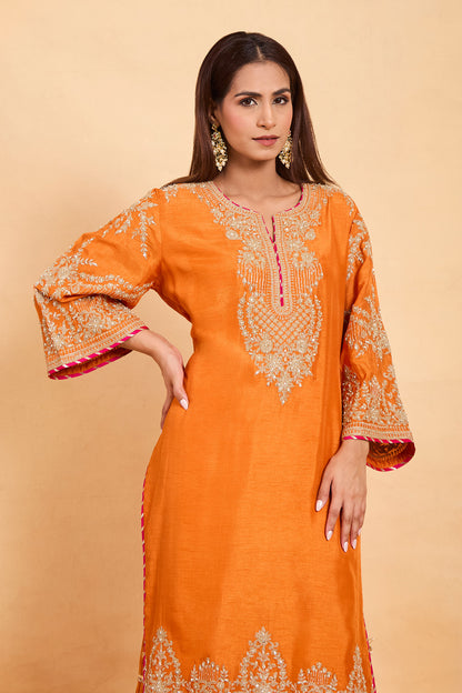 Regal Orange Silk Kurta Set with Gold Embroidery & Gharara Set