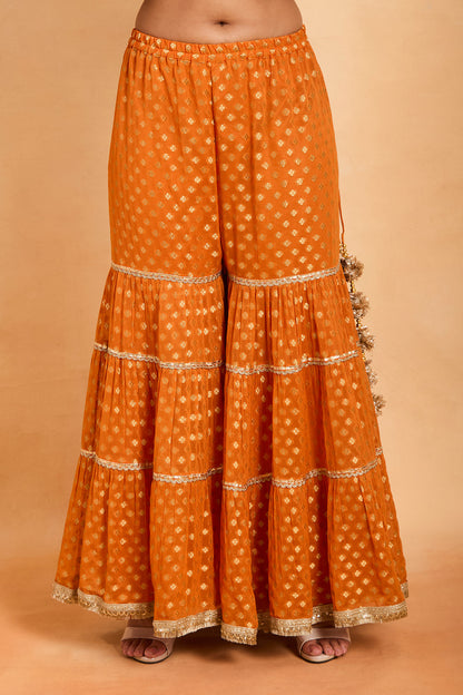 Regal Orange Silk Kurta Set with Gold Embroidery & Gharara Set